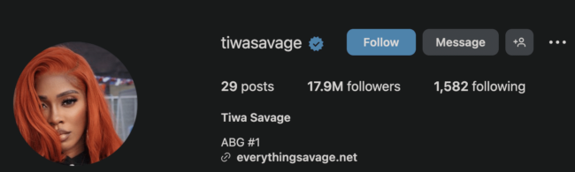 Tiwa Savage overtakes Wizkid, becomes 2nd most followed Nigerian celebrity on Instagram